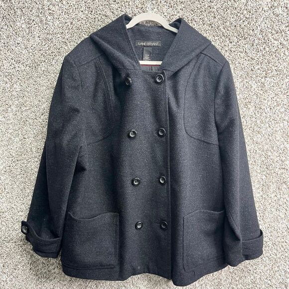 Lane Bryant Pea Coat Women’s 26/28 Gray 100% Wool Hooded Winter Plus Size - Picture 1 of 7